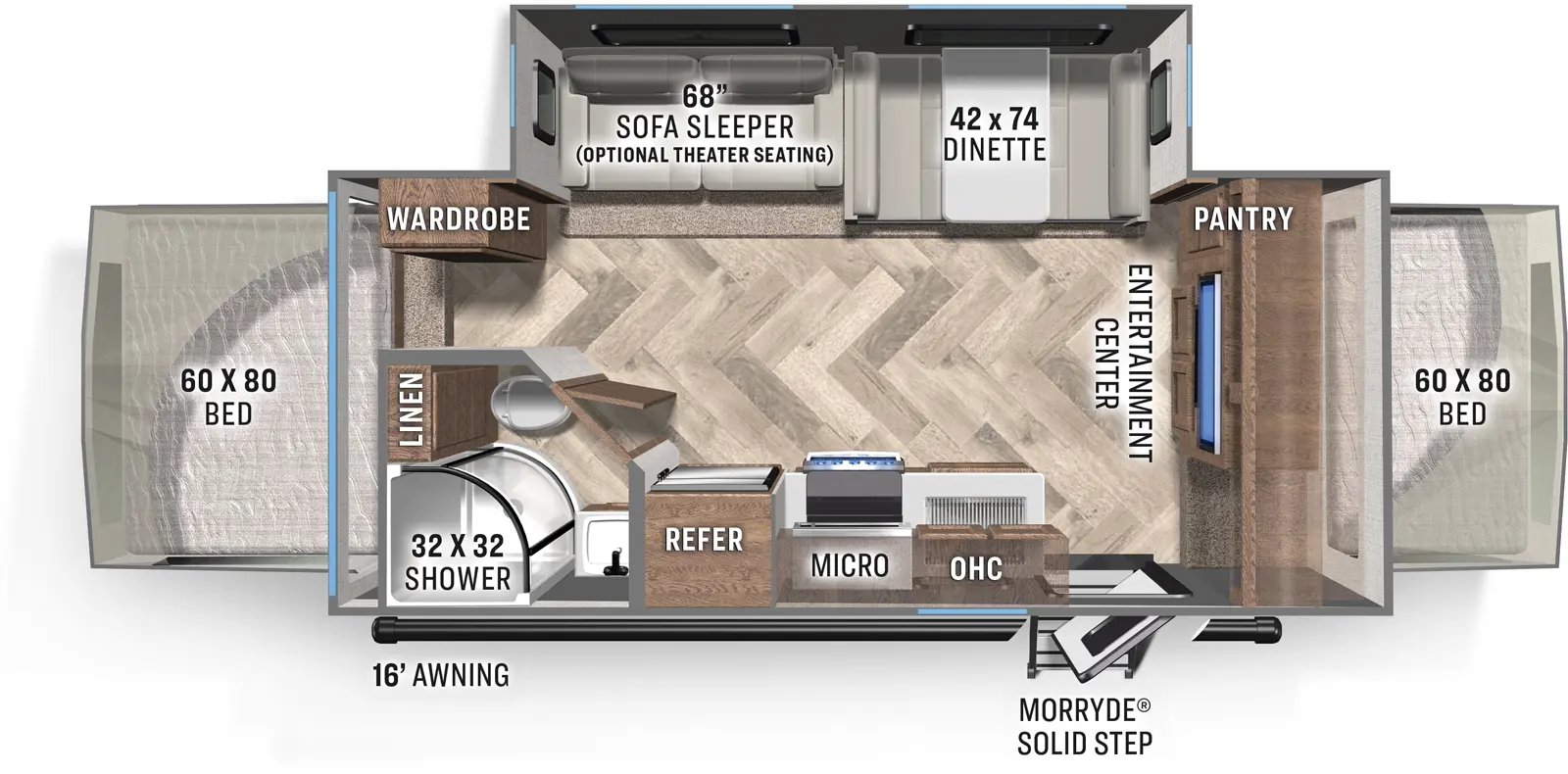 The 241H has one slideout and one entry. Exterior features a 16 foot awning, and MORryde solid step entry. Interior layout front to back: front tent bed with pantry and entertainment center in front of it; off-door side slideout with dinette and sleeper sofa (optional theater seating); door side entry, kitchen counter with sink, overhead cabinet, microwave, cooktop, and refrigerator; front door side full bathroom with linen closet; rear tent bed and wardrobe.